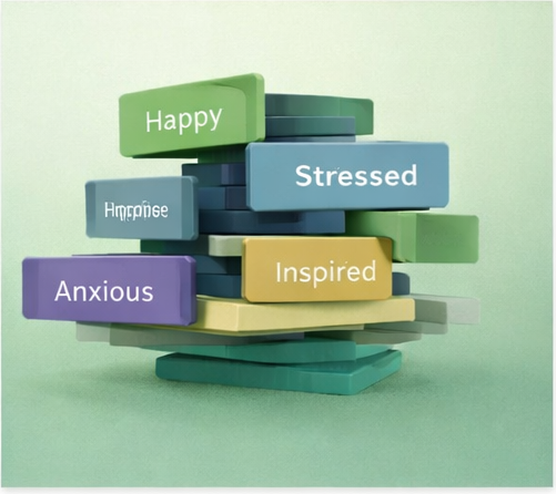 Colorful emotion word blocks representing Happy, Stressed, Inspired, Anxious and more